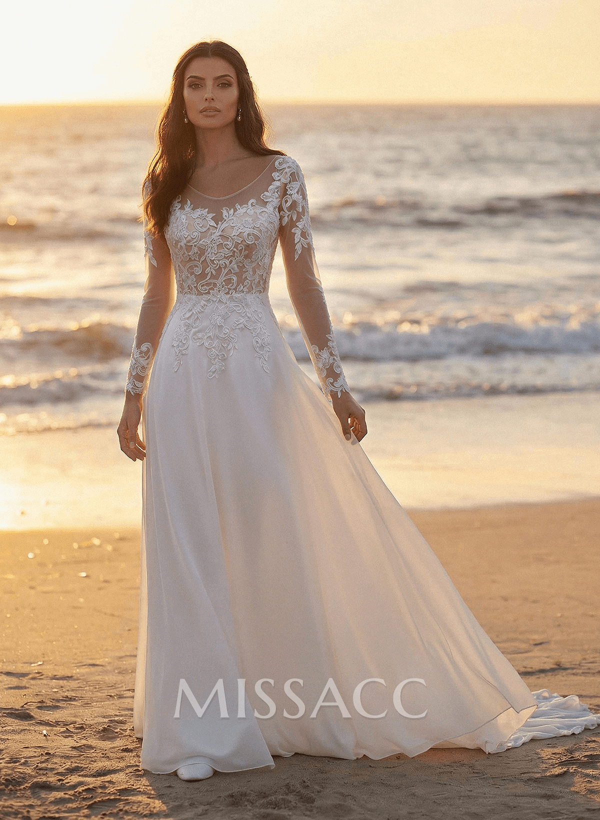 A-Line Illusion Neck Long Sleeves Sweep Train Wedding Dresses With Lace