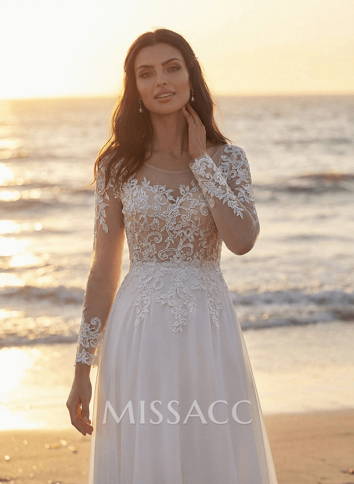 A-Line Illusion Neck Long Sleeves Sweep Train Wedding Dresses With Lace