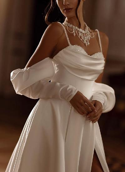 A-Line Sweetheart Court Train Satin Wedding Dresses