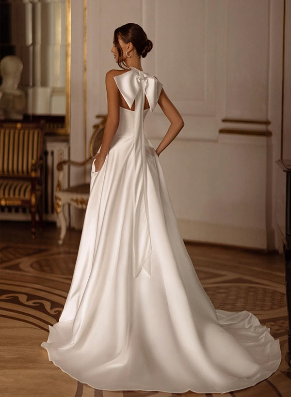 A-Line Halter Sleeveless Court Train Satin Wedding Dresses With Bow(s)