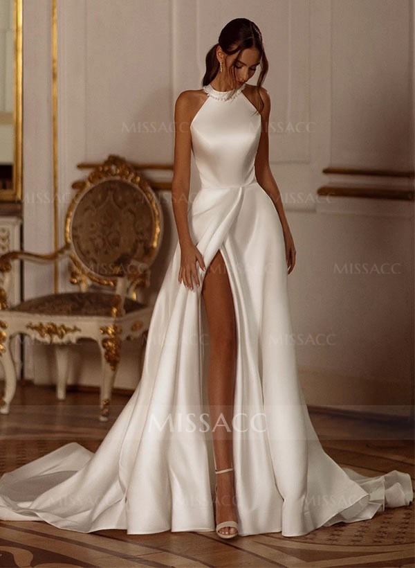 A Line Halter Sleeveless Court Train Satin Wedding Dresses With Bow s Missacc