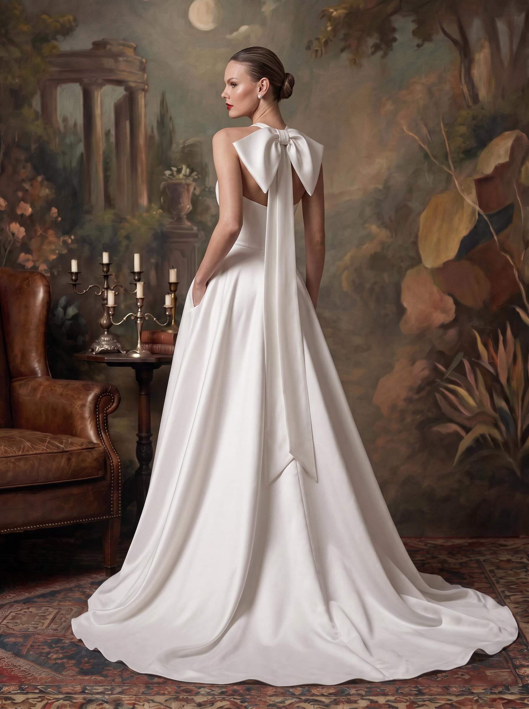 A-Line Halter Sleeveless Court Train Satin Wedding Dresses With Bow(s)