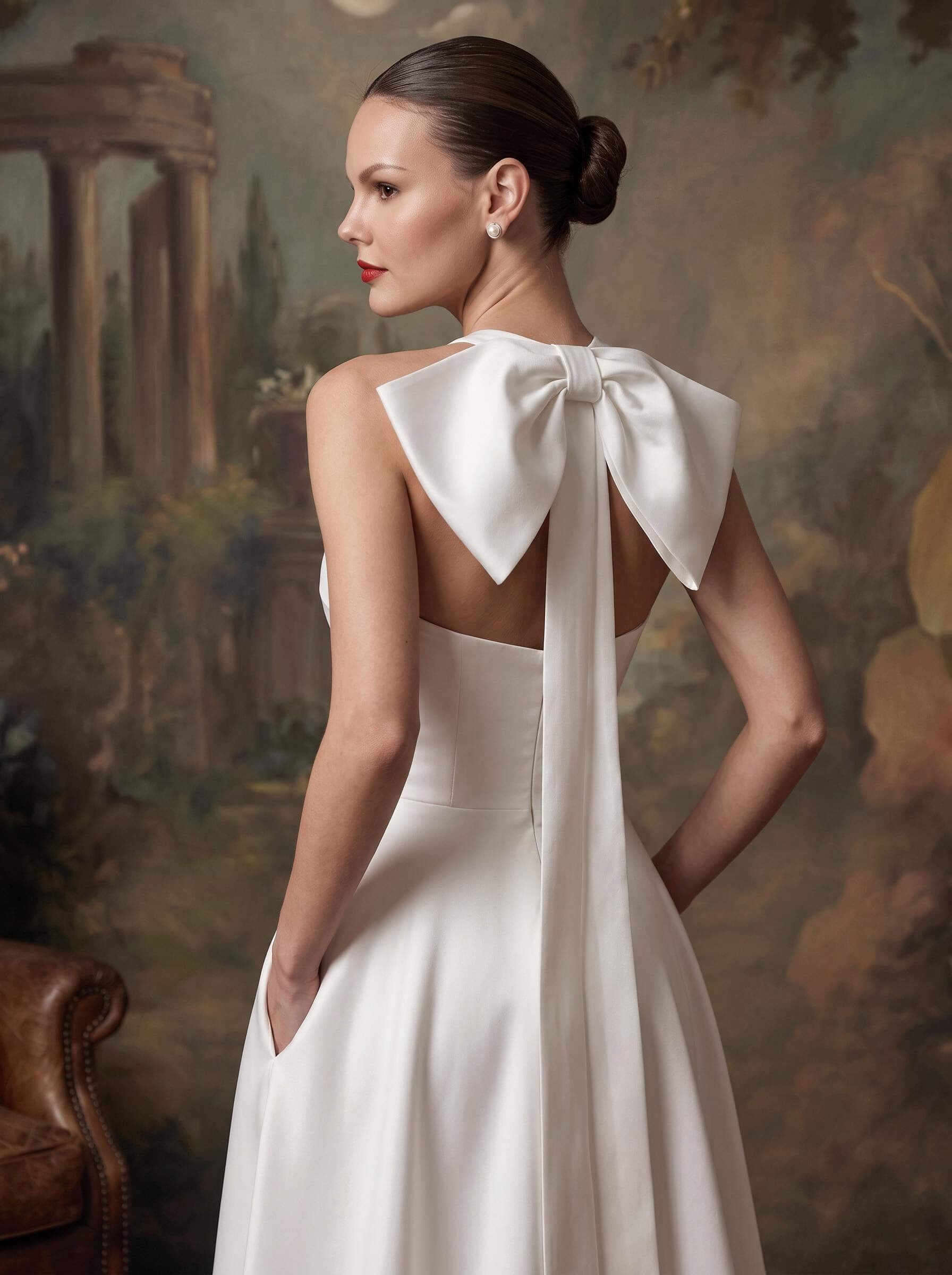 A-Line Halter Sleeveless Court Train Satin Wedding Dresses With Bow(s)