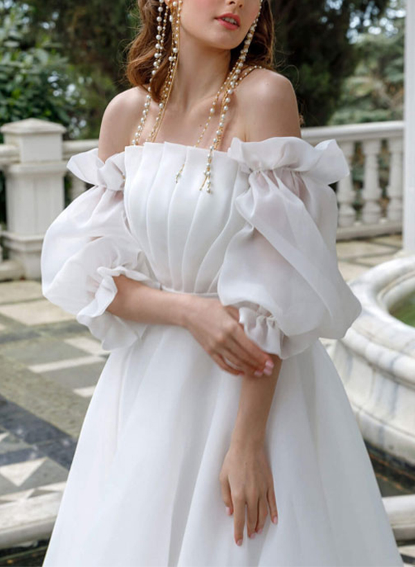 Ball-Gown Off-The-Shoulder 1/2 Sleeves Tulle Wedding Dresses With Pleated