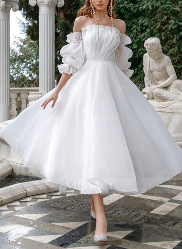 Ball-Gown Off-The-Shoulder 1/2 Sleeves Tulle Wedding Dresses With Pleated