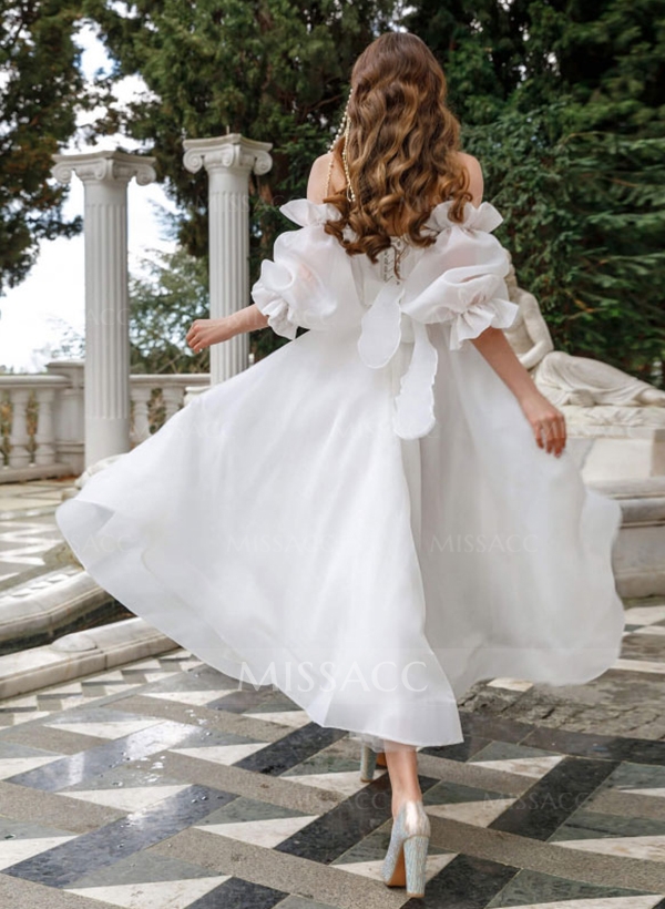 Ball-Gown Off-The-Shoulder 1/2 Sleeves Tulle Wedding Dresses With Pleated