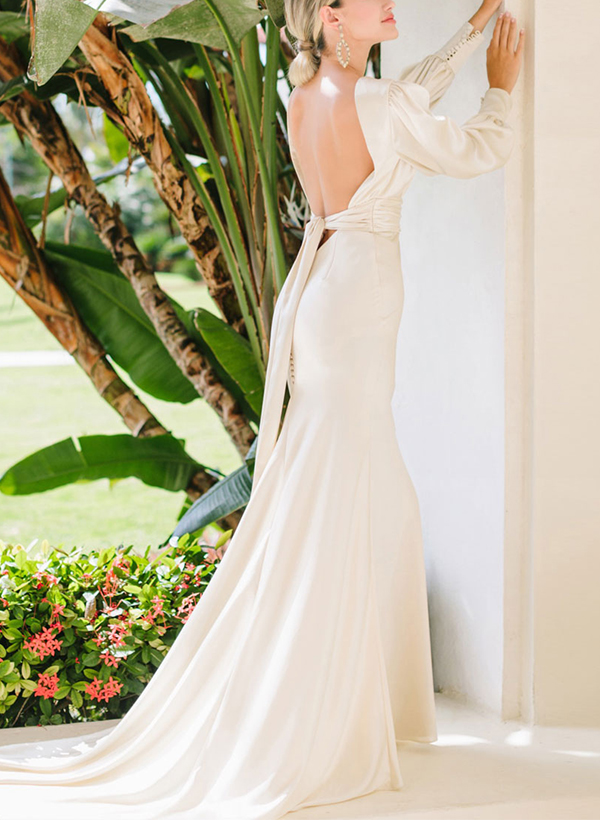 Sheath/Column V-Neck Elegant Satin Wedding Dresses With Long Sleeves
