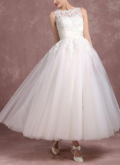 Ball-Gown Illusion Neck Sleeveless Lace/Tulle Wedding Dresses With Bow(s)