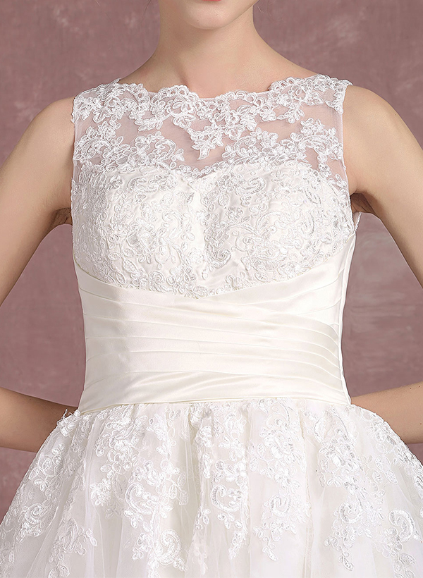 Ball-Gown Illusion Neck Sleeveless Lace/Tulle Wedding Dresses With Bow(s)