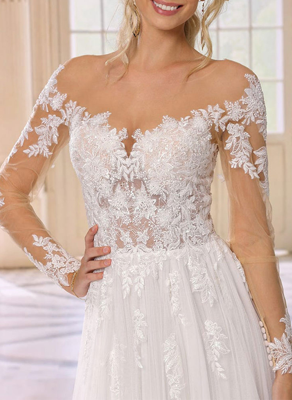 A-Line Illusion Neck Long Sleeves Lace/Tulle Wedding Dresses With Split Front