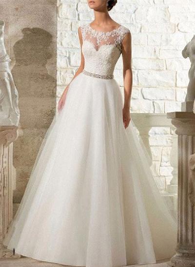 A-Line Illusion Neck Sleeveless Lace/Tulle Wedding Dresses With Rhinestone