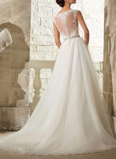 A-Line Illusion Neck Sleeveless Lace/Tulle Wedding Dresses With Rhinestone