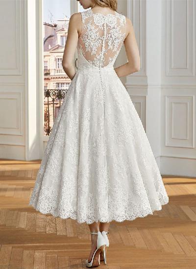 A-Line Illusion Neck Sleeveless Tea-Length Vintage Lace Wedding Dresses