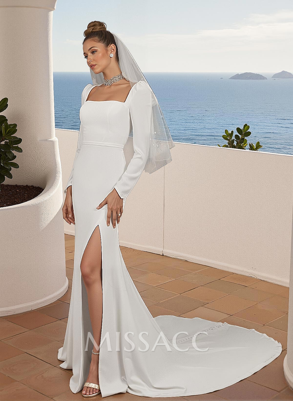 Trumpet/Mermaid Square Neckline Long Sleeves Elastic Satin Wedding Dresses