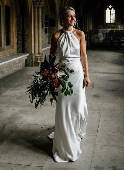 Open Back Halter Sleeveless Sweep Train Silk Like Satin Wedding Dresses