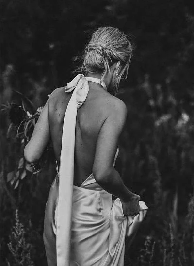 Open Back Halter Sleeveless Sweep Train Silk Like Satin Wedding Dresses