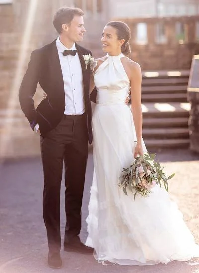 A-Line Halter Sleeveless Sweep Train Silk Like Satin Wedding Dresses