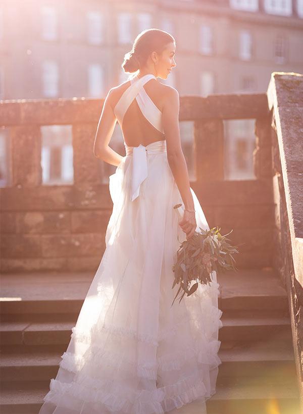 A-Line Halter Sleeveless Sweep Train Silk Like Satin Wedding Dresses