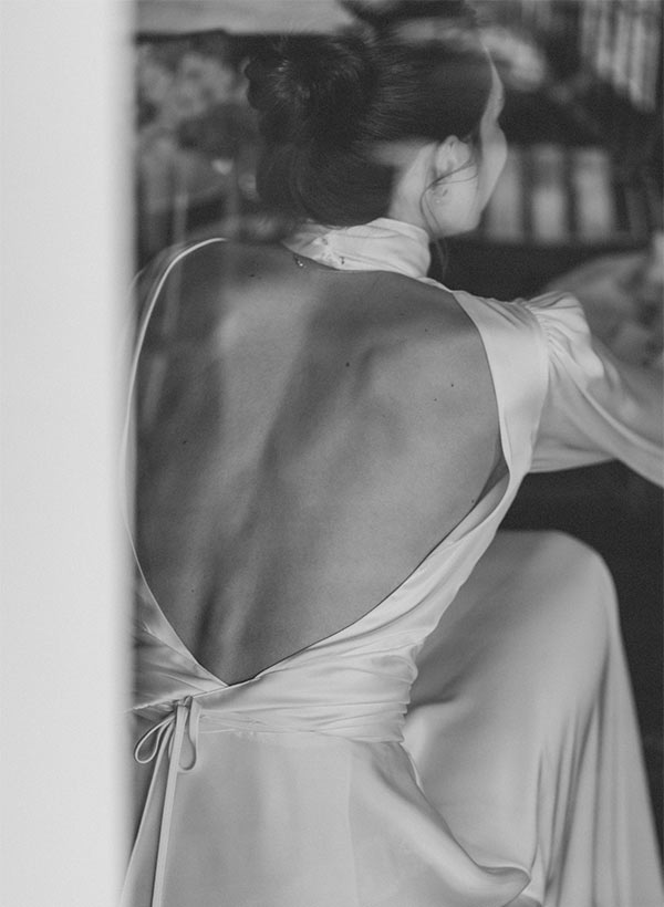 A-Line High Neck Long Sleeves Ankle-Length Silk Like Satin Wedding Dresses