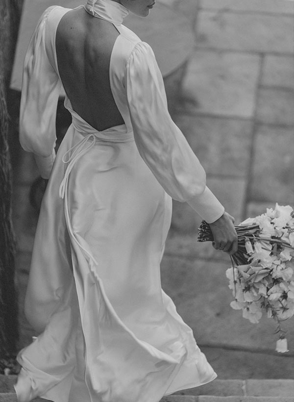 A-Line High Neck Long Sleeves Ankle-Length Silk Like Satin Wedding Dresses