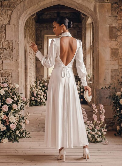 A-Line High Neck Long Sleeves Ankle-Length Silk Like Satin Wedding Dresses