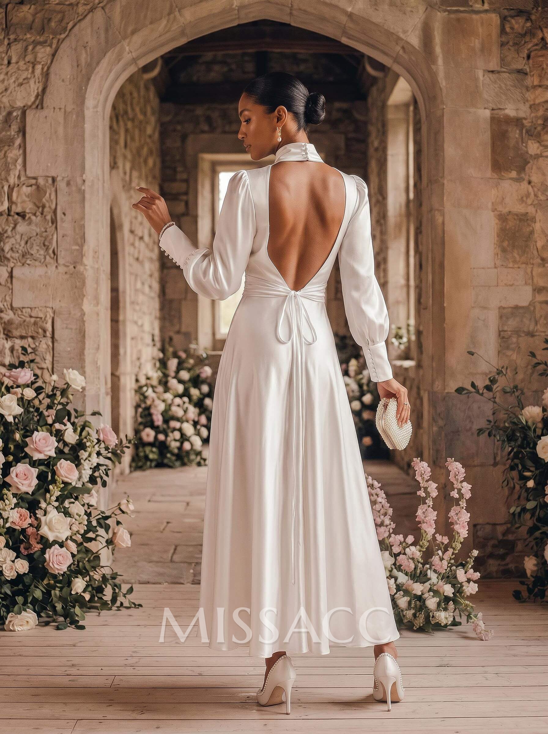 A-Line High Neck Long Sleeves Ankle-Length Silk Like Satin Wedding Dresses A-Line High Neck Long Sleeves Ankle-Length Silk Like Satin Wedding Dresses