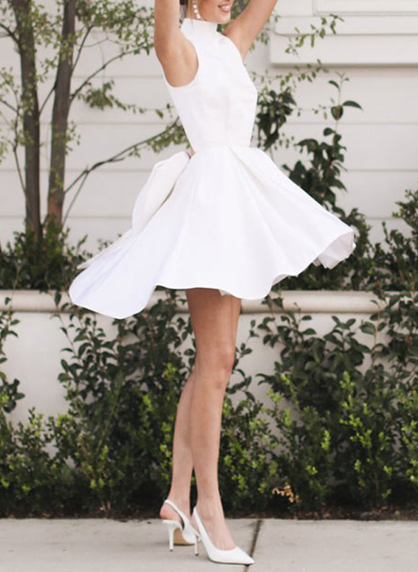 A-Line Halter Sleeveless Short/Mini Satin Wedding Dresses With Bow(s)