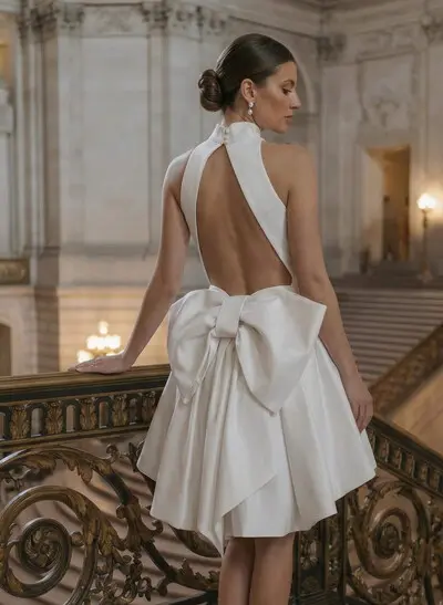 A-Line Halter Sleeveless Short/Mini Satin Wedding Dresses With Bow(s)