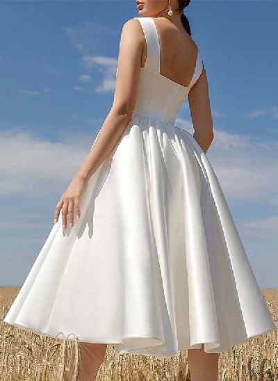 A-Line Sweetheart Sleeveless Tea-Length Satin Wedding Dresses