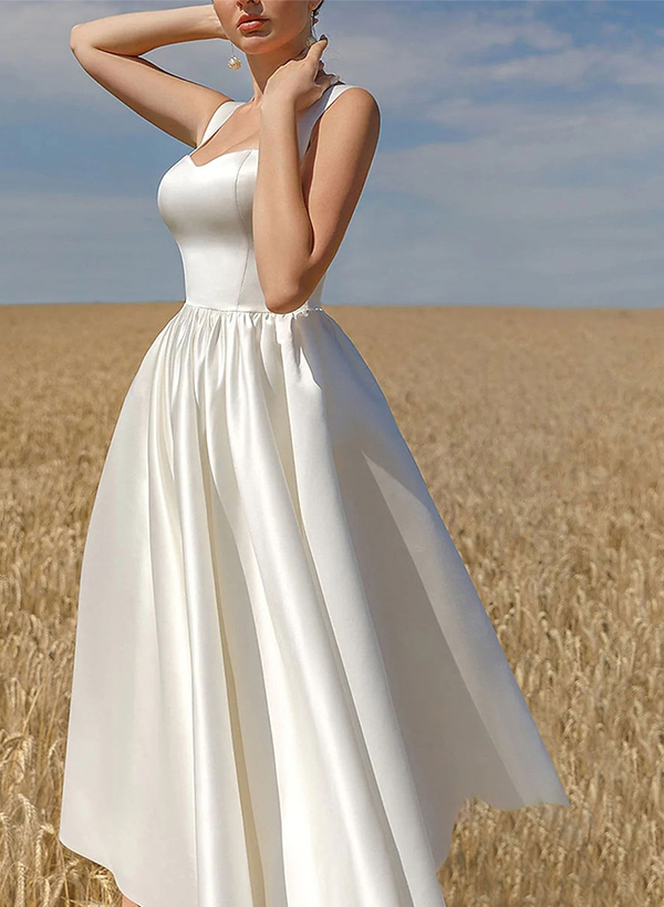 A-Line Sweetheart Sleeveless Tea-Length Satin Wedding Dresses