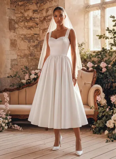 A-Line Sweetheart Sleeveless Tea-Length Satin Wedding Dresses