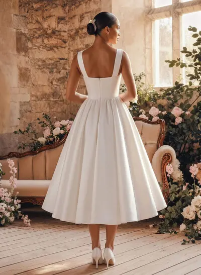 A-Line Sweetheart Sleeveless Tea-Length Satin Wedding Dresses