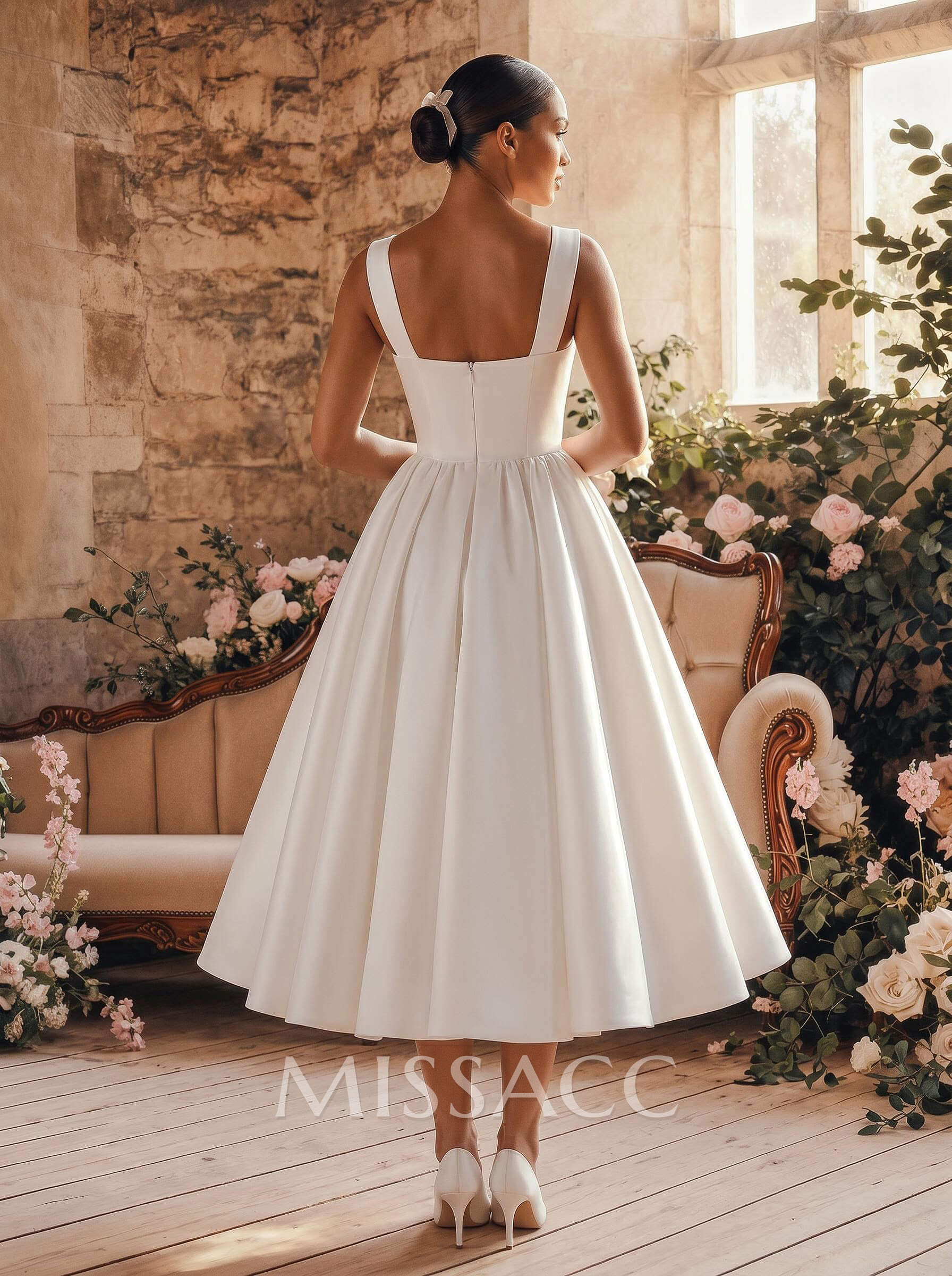 A-Line Sweetheart Sleeveless Tea-Length Satin Wedding Dresses