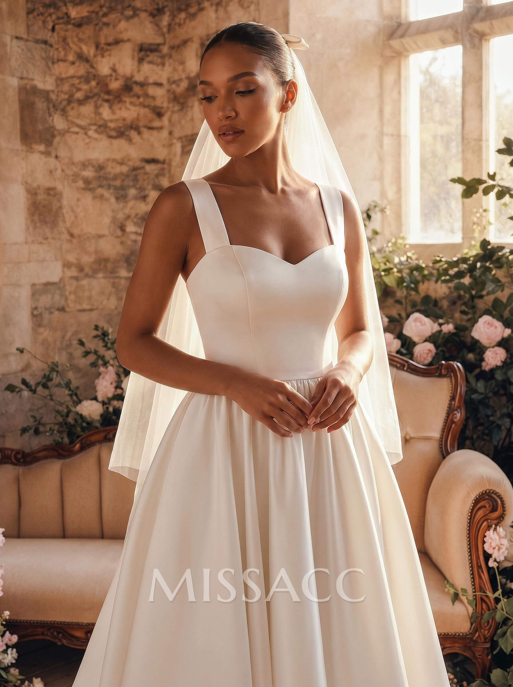 A-Line Sweetheart Sleeveless Tea-Length Satin Wedding Dresses