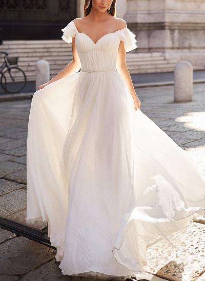 A-Line Off-The-Shoulder Short Sleeves Sweep Train Chiffon Wedding Dresses