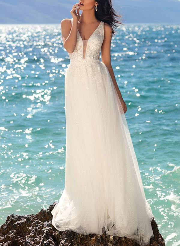 A-Line V-Neck Sleeveless Elegant Lace/Tulle Beach Wedding Dresses