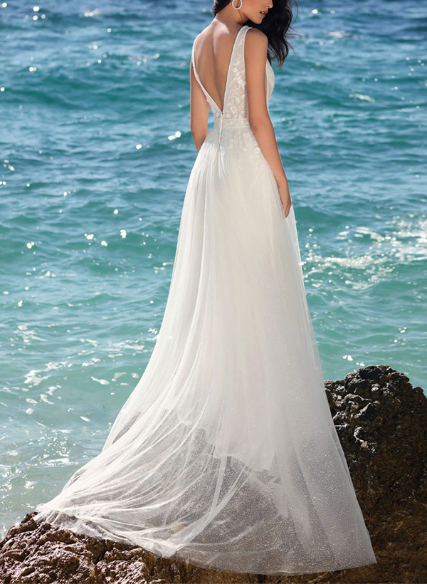 A-Line V-Neck Sleeveless Elegant Lace/Tulle Beach Wedding Dresses