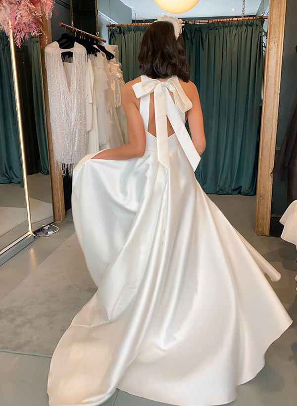 A-Line Sleeveless Sweep Train Satin Wedding Dresses With Bow(s)