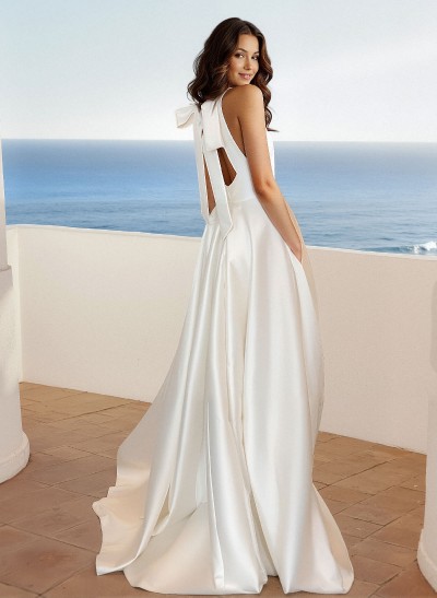 A-Line Sleeveless Sweep Train Satin Wedding Dresses With Bow(s)