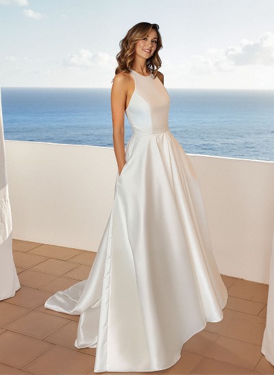 A-Line Sleeveless Sweep Train Satin Wedding Dresses With Bow(s)