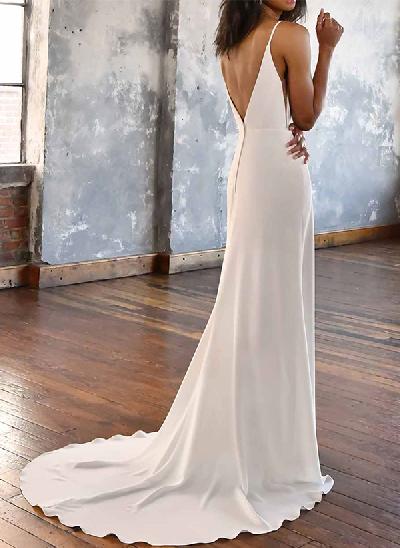 Sheath/Column V-Neck Elastic Satin Wedding Dresses With Split Front