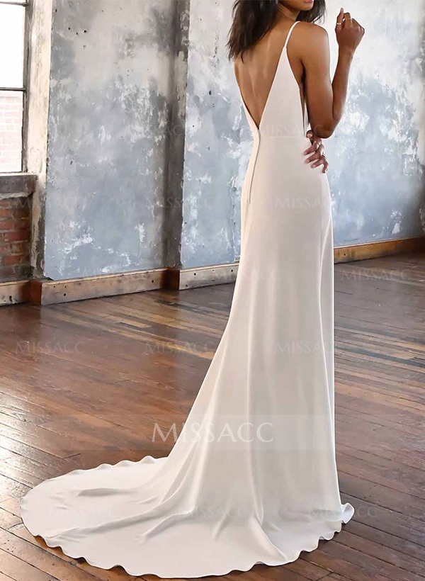 Sheath/Column V-Neck Elastic Satin Wedding Dresses With Split Front