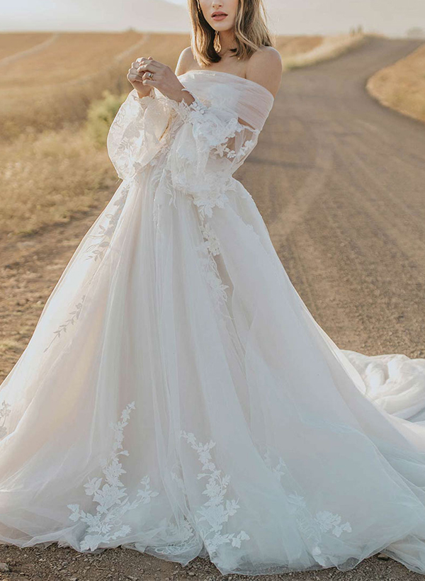 A-Line Sweetheart Sleeveless Elegant Tulle Wedding Dresses With Appliques Lace
