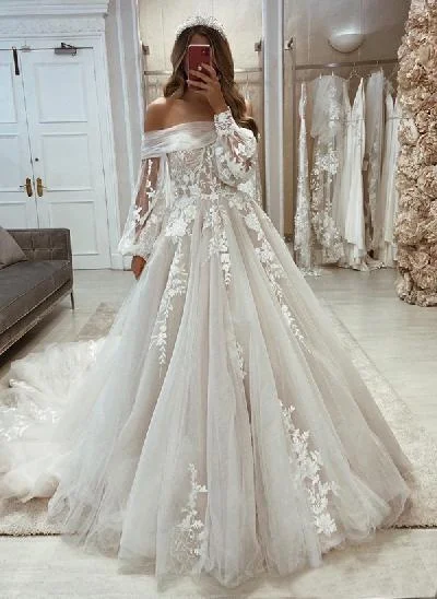 A-Line Sweetheart Detachable Sleeves Court Train Lace/Tulle Wedding Dresses With Appliques Lace