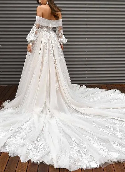 A-Line Sweetheart Detachable Sleeves Court Train Lace/Tulle Wedding Dresses With Appliques Lace
