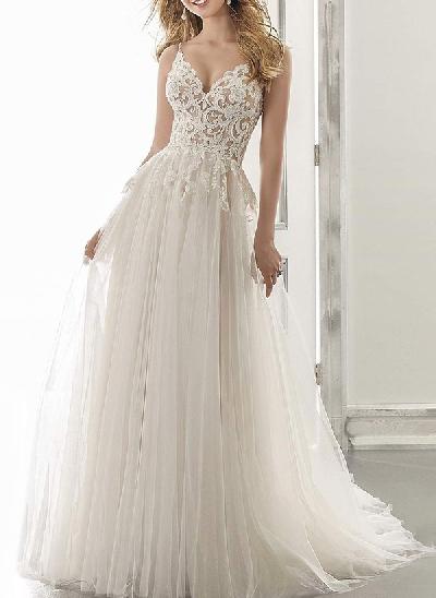 Boho A-Line Sweetheart Sleeveless Tulle Wedding Dresses With Appliques Lace