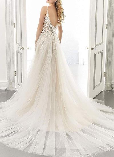 Boho A-Line Sweetheart Sleeveless Tulle Wedding Dresses With Appliques Lace