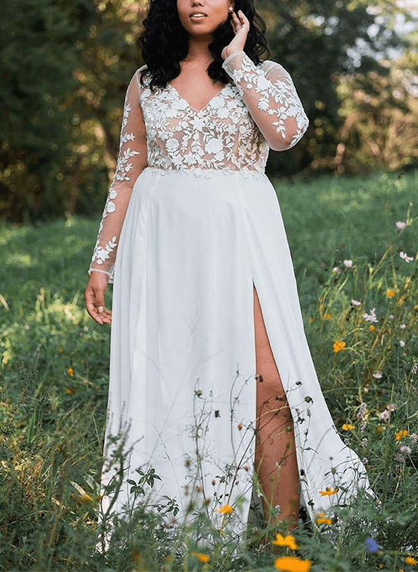 A-Line V-Neck Long Sleeves Plus Size Lace/Tulle Wedding Dresses With Split Front