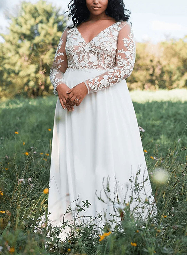 A-Line V-Neck Long Sleeves Plus Size Lace/Tulle Wedding Dresses With Split Front