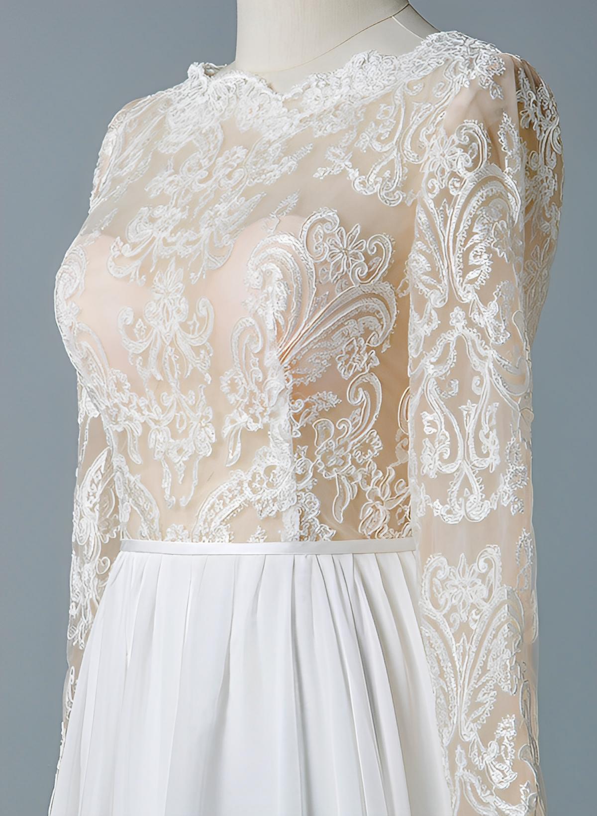 Boho A-Line Illusion Neck Long Sleeves Lace/Tulle Wedding Dresses
